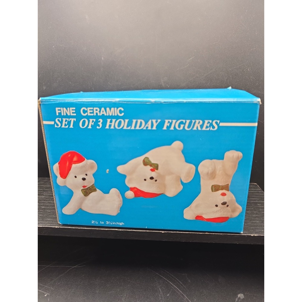 Vintage Set Of 3 Tumbling Ceramic Porcelain Santa Hat Xmas Bears Figurines